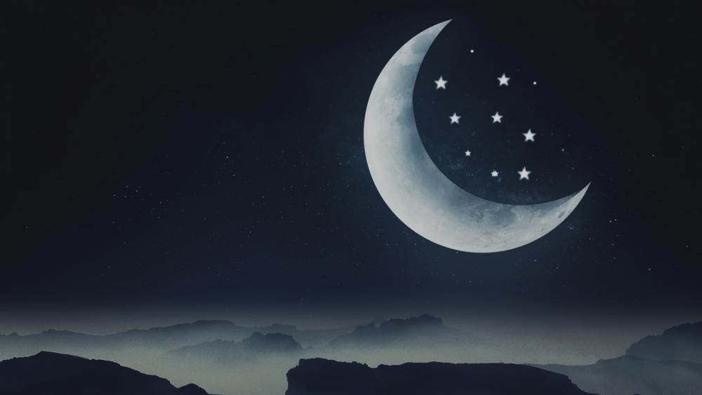Mystical Night Crescent Moon and Stars wallpaper