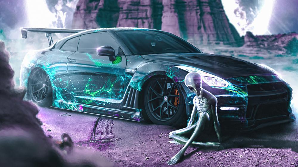 Futuristic Car and Alien Encounter wallpaper