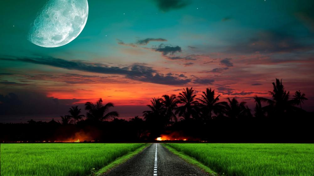 Mystical Moonlit Road Amidst Twilight wallpaper