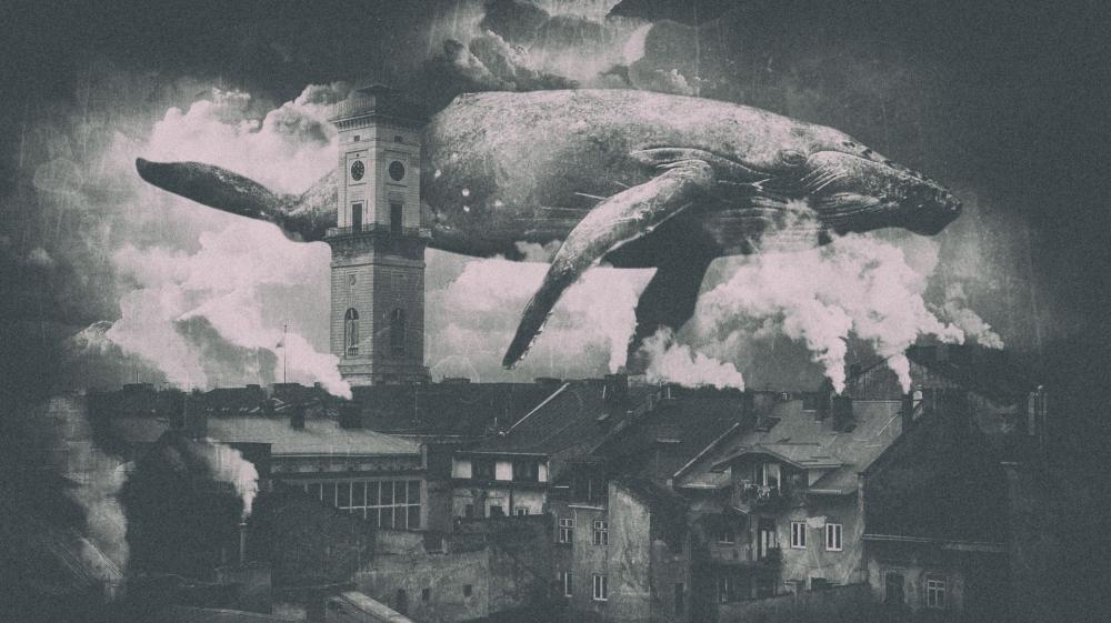 Surreal Sky Whale Over Vintage Townscape wallpaper