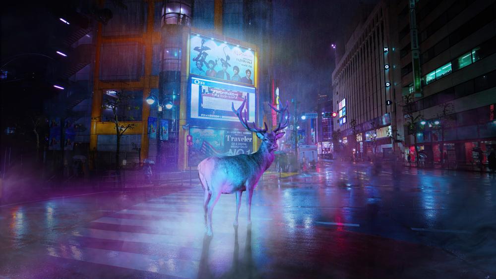 Majestic Urban Deer in Neon Rain wallpaper