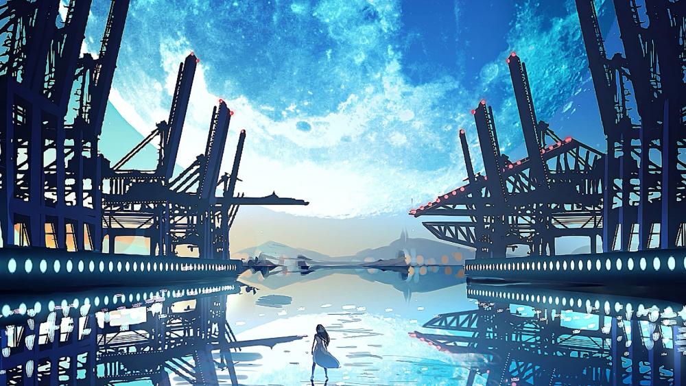 Futuristic Dockside Anime Scenery wallpaper