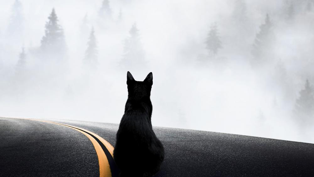 Contemplative Cat at the Road's Edge wallpaper