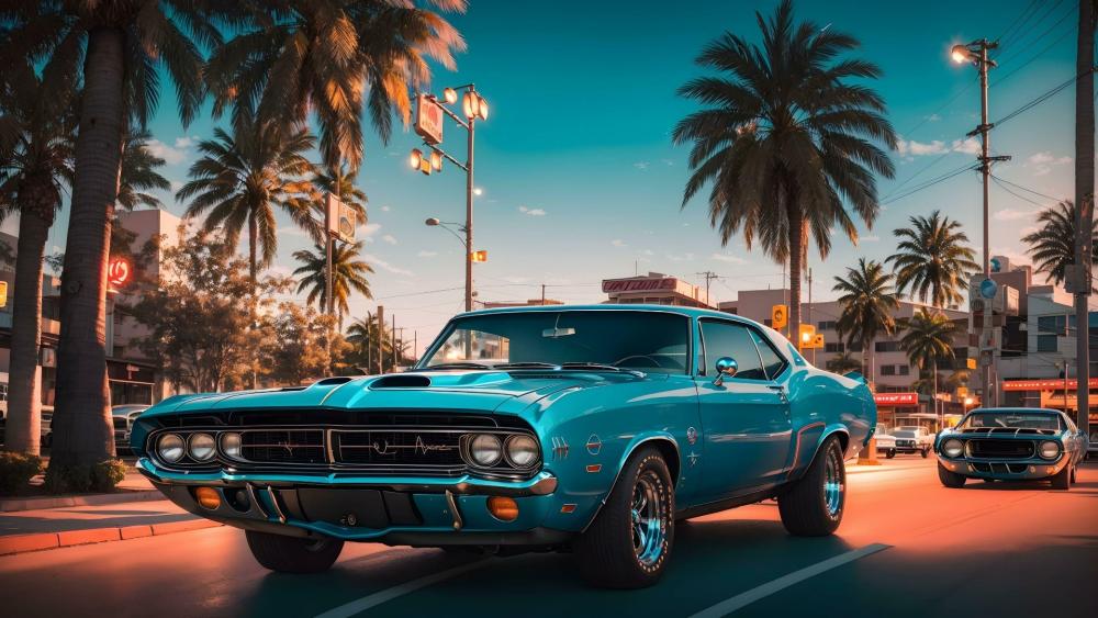 Vintage Muscle Car Sunset Cruise wallpaper