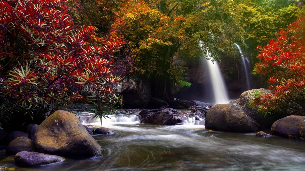 Autumn Serenity by the Waterfall wallpaper
