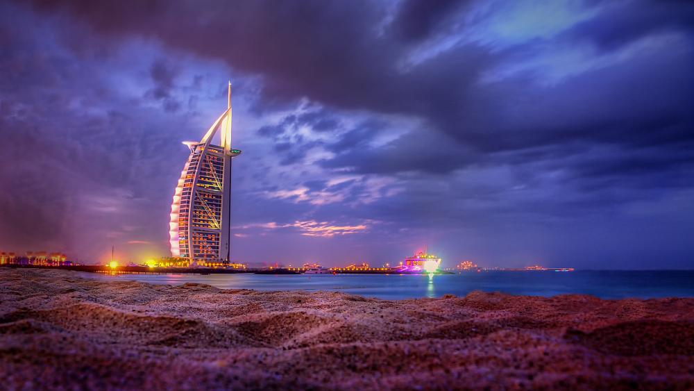 Twilight Over Iconic Sail-Shaped Burj Al Arab Skyscraper wallpaper
