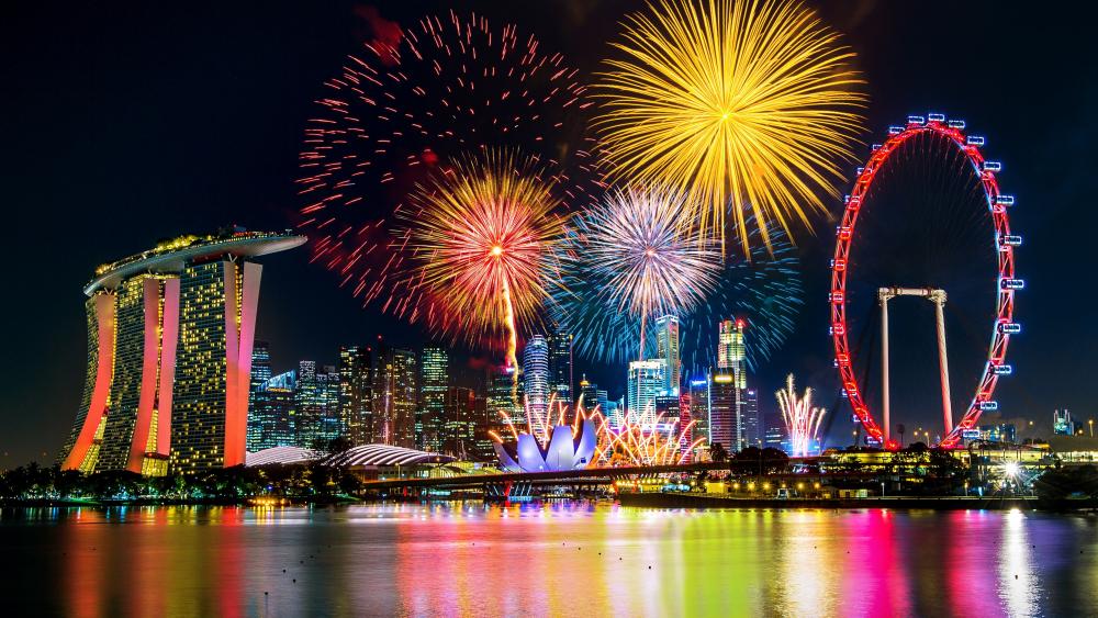 Spectacular Fireworks over Singapore Skyline wallpaper