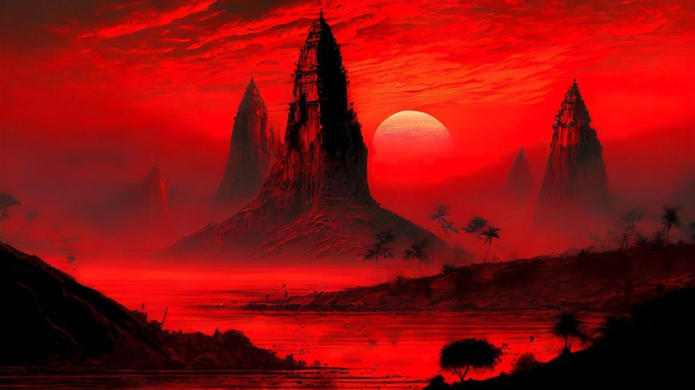 Crimson Eclipse Over Alien Terrain wallpaper