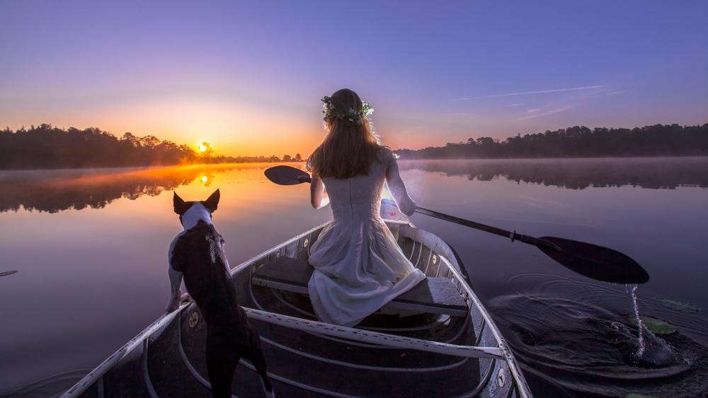 Serene Sunrise Kayak Adventure with Canine Companion wallpaper