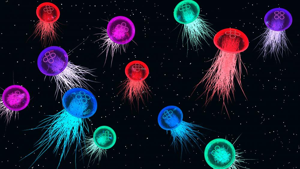 Neon Jellyfish Dance in Cosmic Sea wallpaper