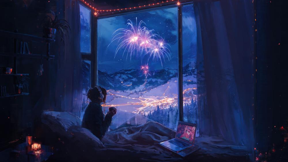 Lofi Anime New Year's Eve Reflection wallpaper