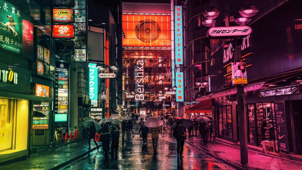 Neon-Lit Rainy Evening in Shibuya, Tokyo wallpaper