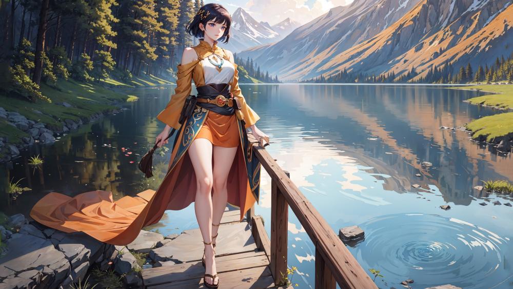 Tranquil Lake Adventure with a Fantasy Warrior wallpaper