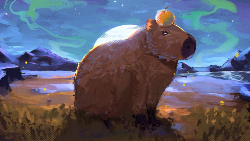 Mystical Capybara under Aurora Skies wallpaper