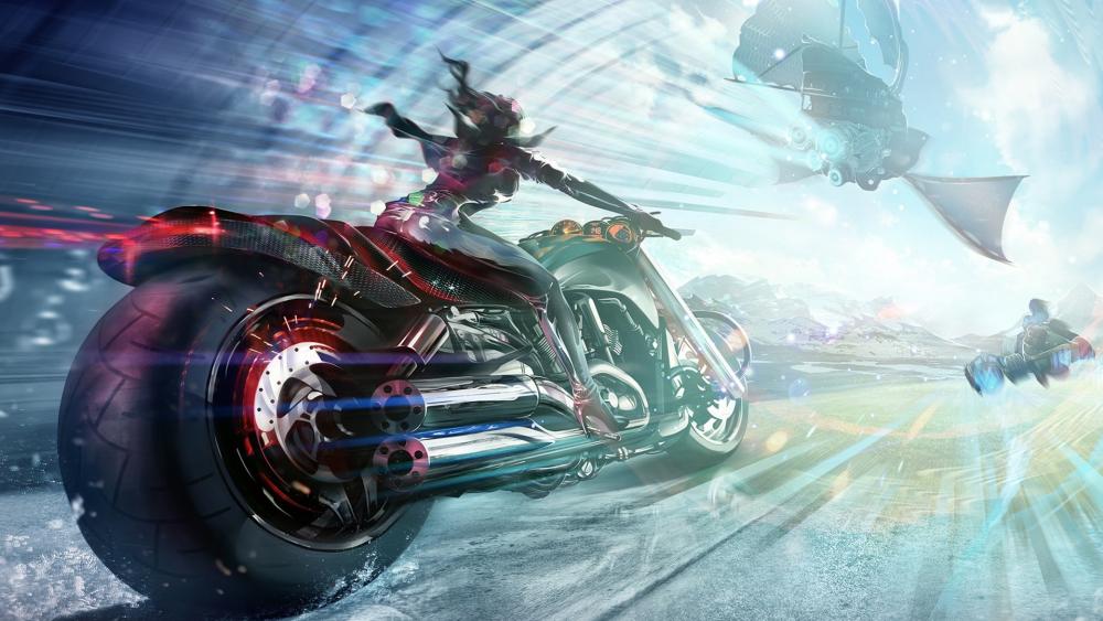 Futuristic Motorcycle Chase Thrill wallpaper