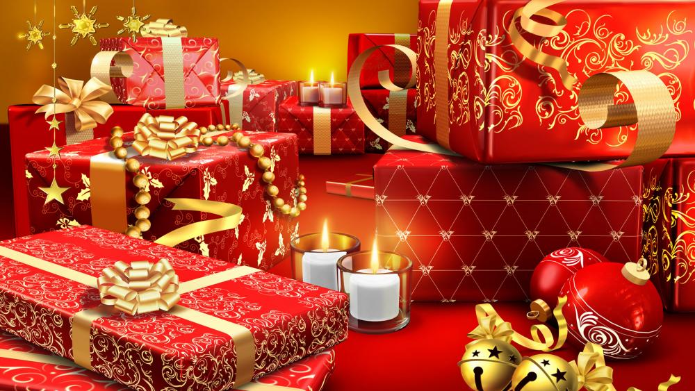 Christmas Red and Gold Holiday Presents wallpaper