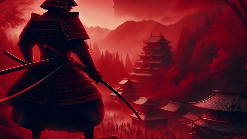 Samurai Over looking town Red wallpaper