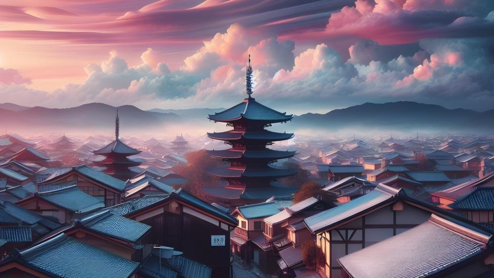Mystical Sunrise Over Tranquil Pagoda Village wallpaper