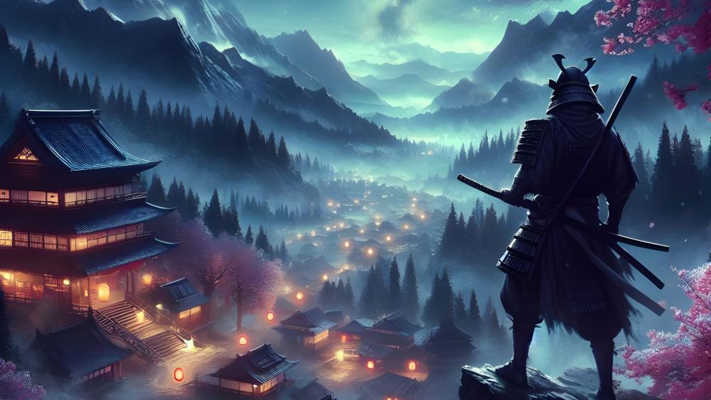 Samurai Overlooking a Misty Mountain Village wallpaper