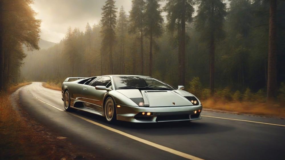 Luxury Lamborghini Diablo Supercar Cruise Through Misty Forest wallpaper