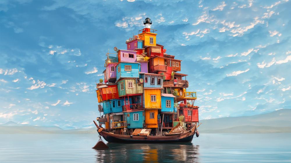 Whimsical Floating House Assemblage wallpaper