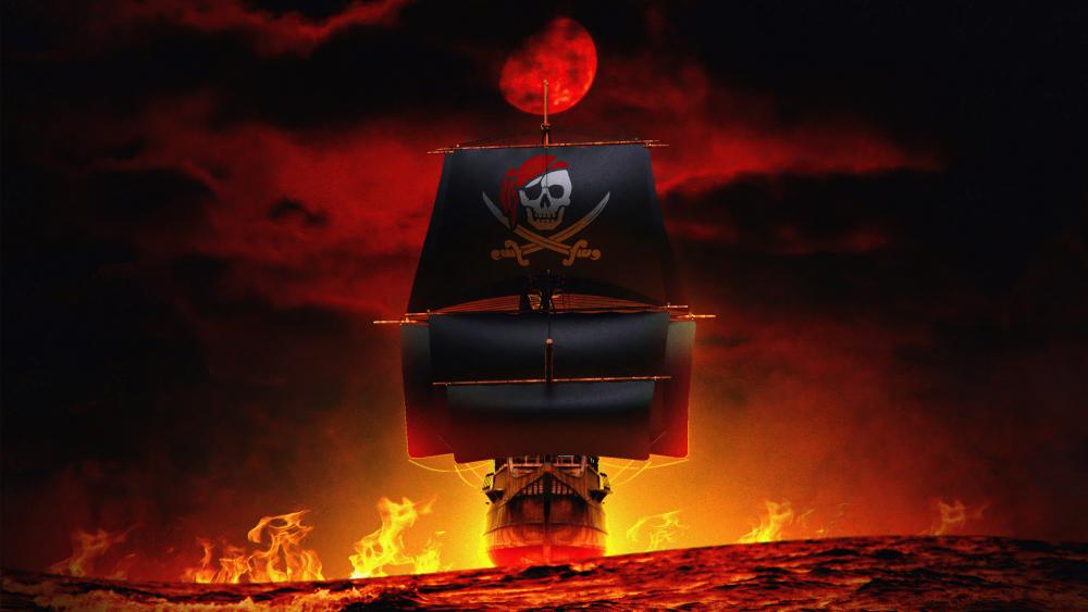 Ghostly Pirate Ship Sailing Infernal Seas wallpaper
