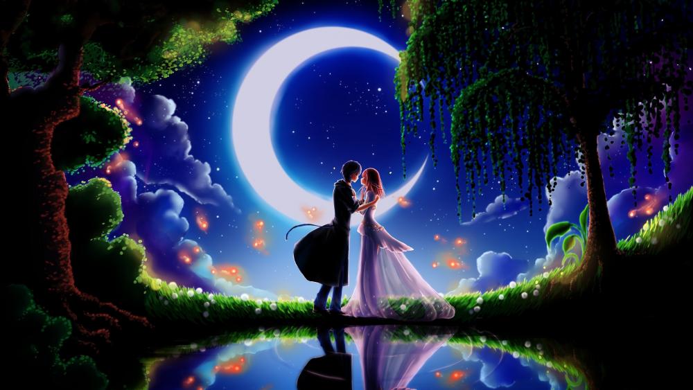 Enchanted Moonlight Lovers Embrace wallpaper