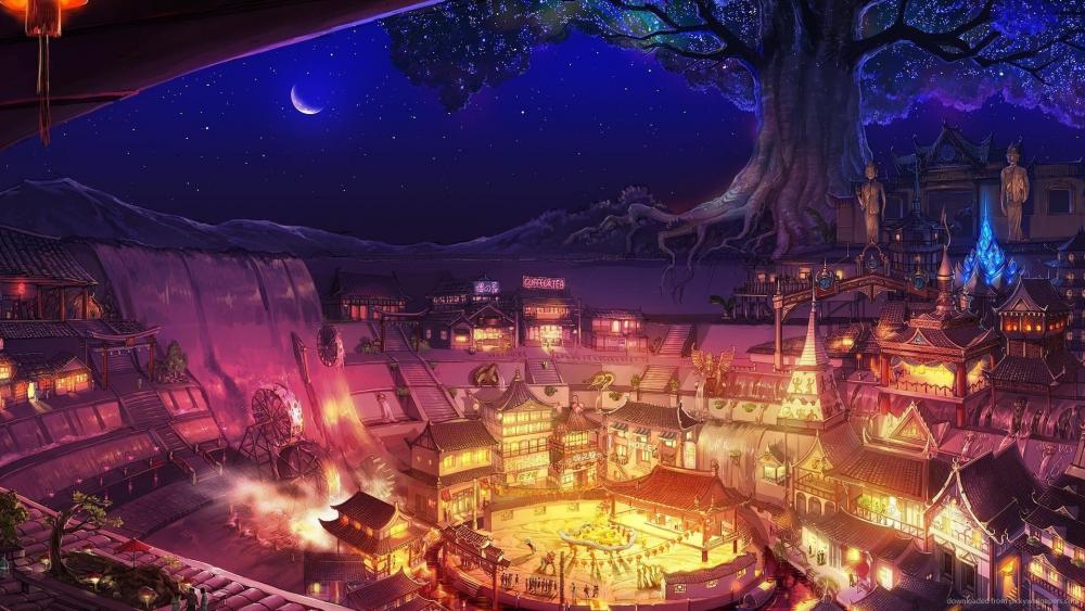 Enchanted Night in a Mystical Village wallpaper