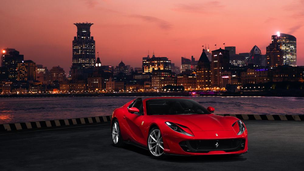 Red Luxury Ferrari 812 GTS Sports Car in City Twilight wallpaper