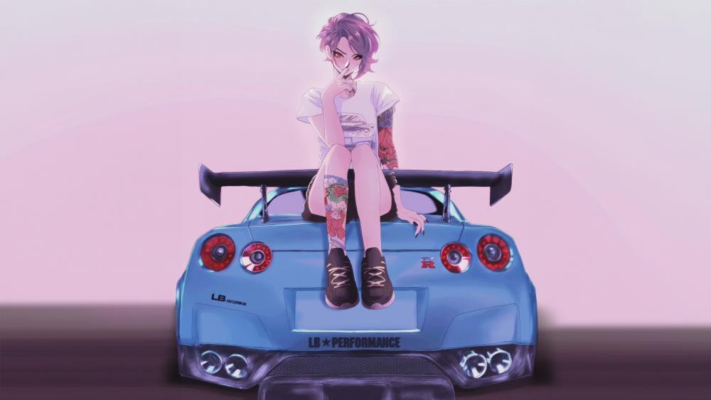 Stylish Tattooed Anime Girl and Sleek Nissan GT-R Sports Car wallpaper