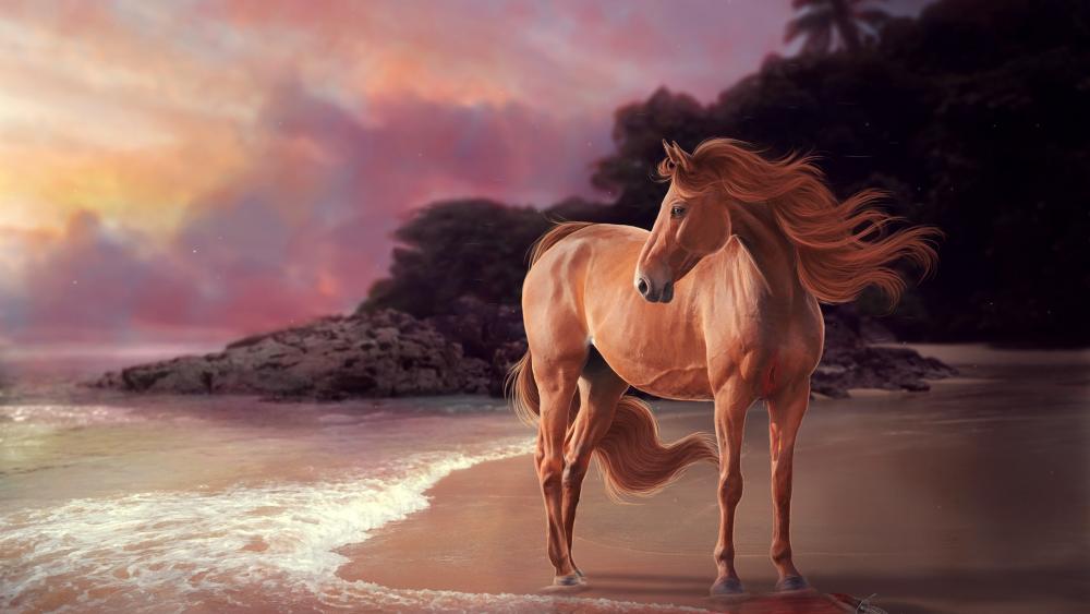 Majestic Horse on Sunset Beach wallpaper
