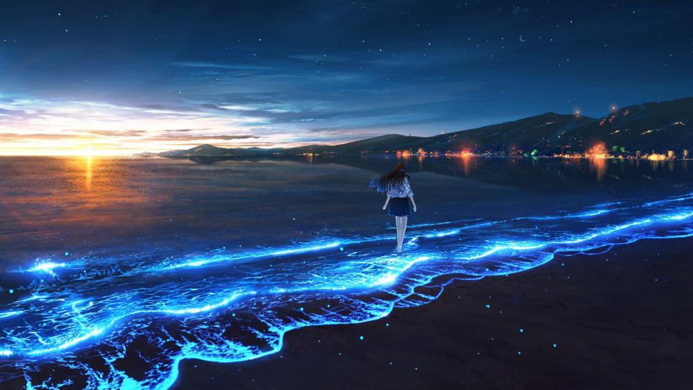 Starry Skyline and Bioluminescent Tide wallpaper