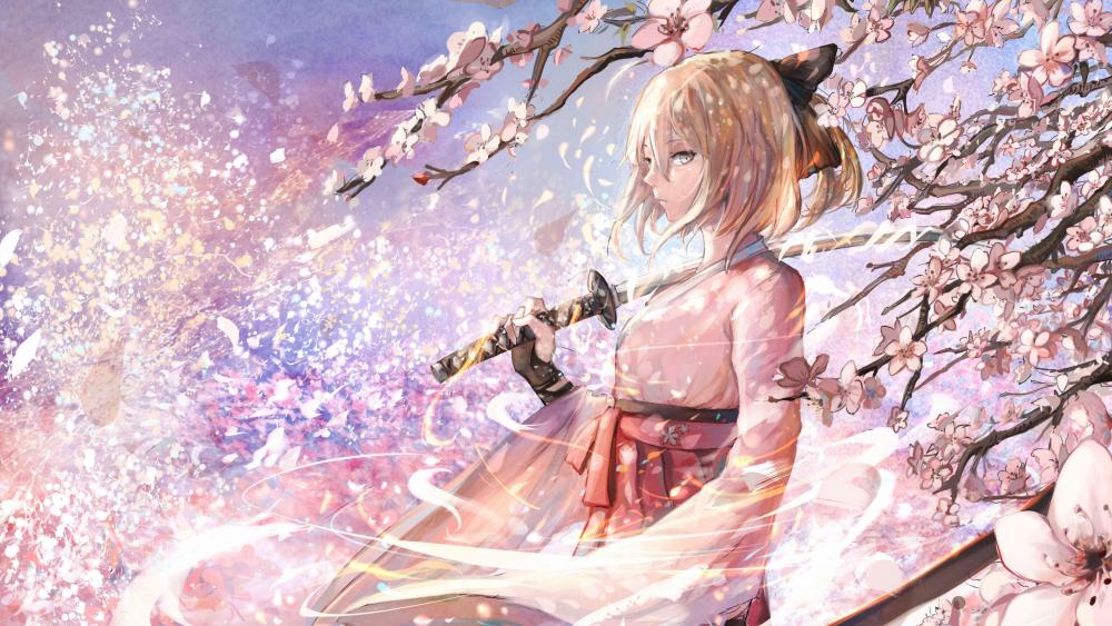 Sakura Warrior Amidst Falling Blossoms wallpaper