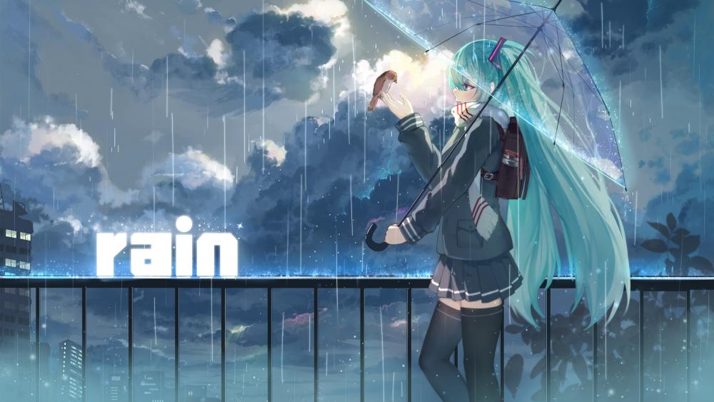 Mystical Rain Encounter with Hatsune Miku wallpaper