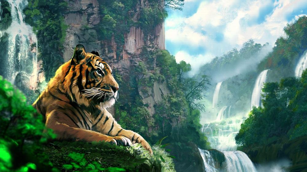 Majestic Tiger Overlooking Waterfall wallpaper