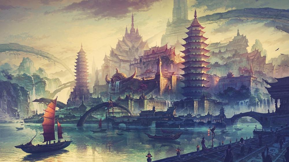 Mystical Ancient Cityscape at Sunset wallpaper