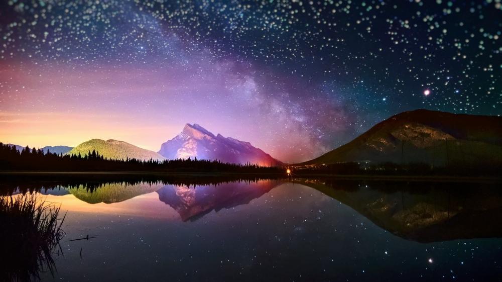 Starry Night over Tranquil Vermilion Lakess Reflection wallpaper