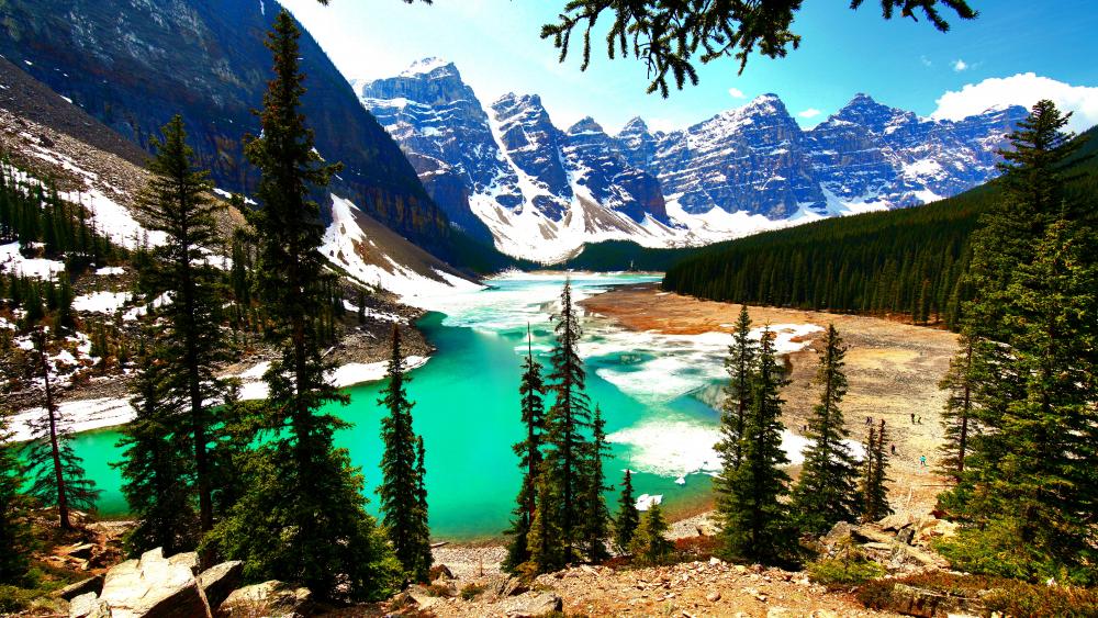 Majestic Mountain Vista at Lake Moraine wallpaper