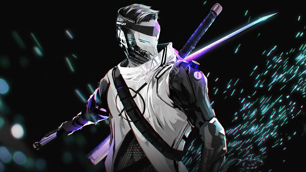 Futuristic Warrior in Digital Battle Stance wallpaper