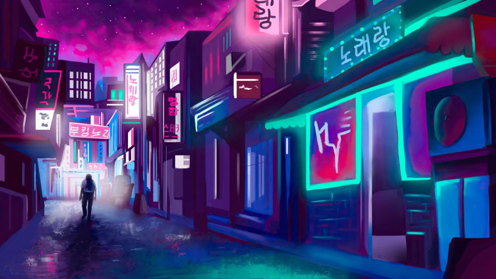 Neon Nightscape Wanderer wallpaper