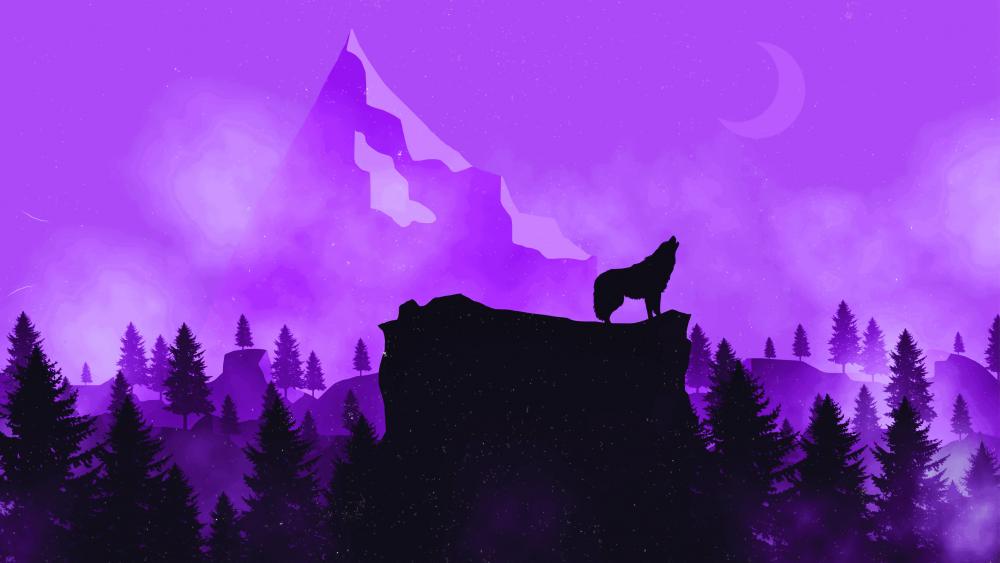 Mystical Wolf Silhouette in Purple Night wallpaper