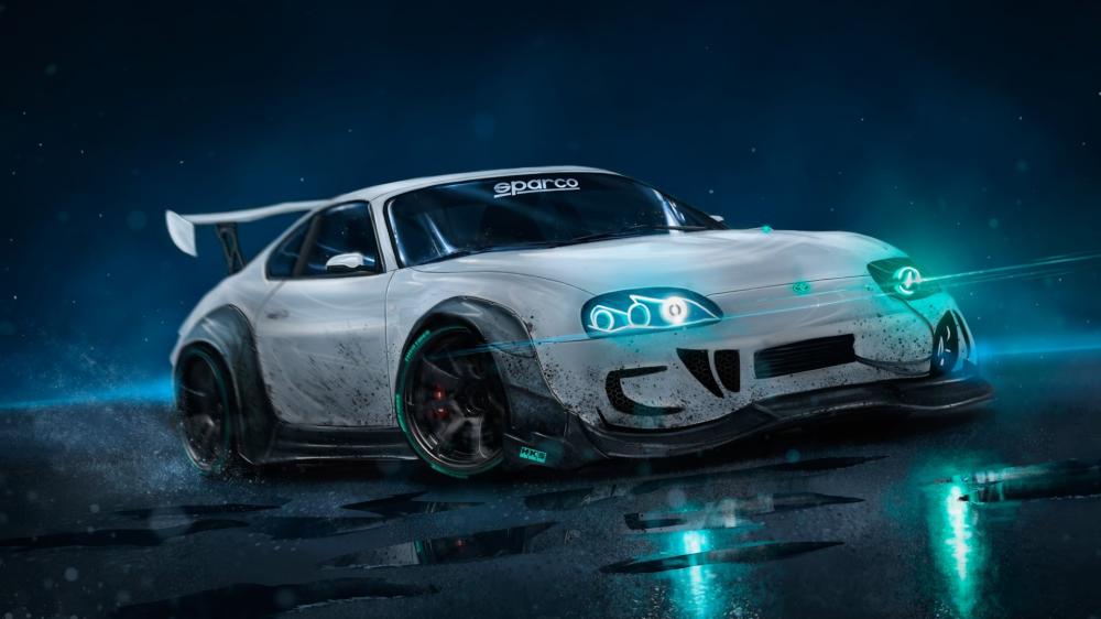 Neon Fury Toyota Supra Sports Car in Rainy Night wallpaper