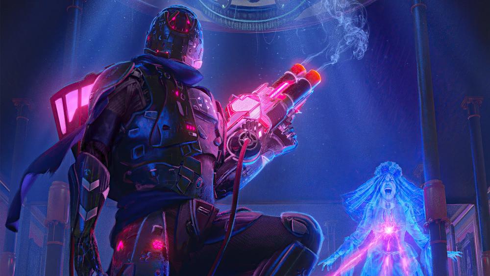 Cyber Warrior's Standoff in Neon-Lit Future wallpaper