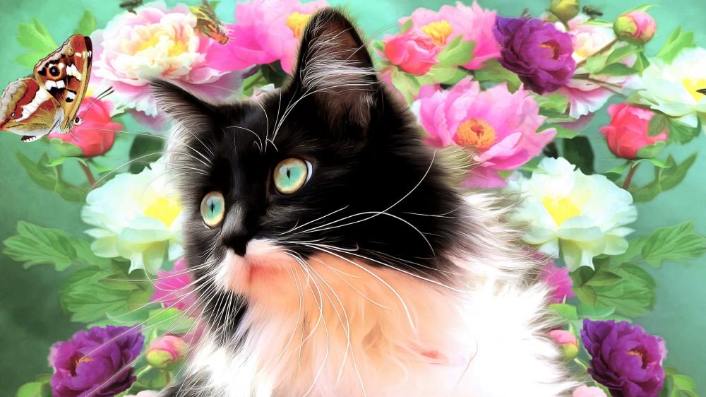 Feline Amidst Floral Bliss wallpaper