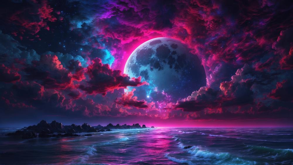 Mystical Moonlit Ocean Horizon wallpaper