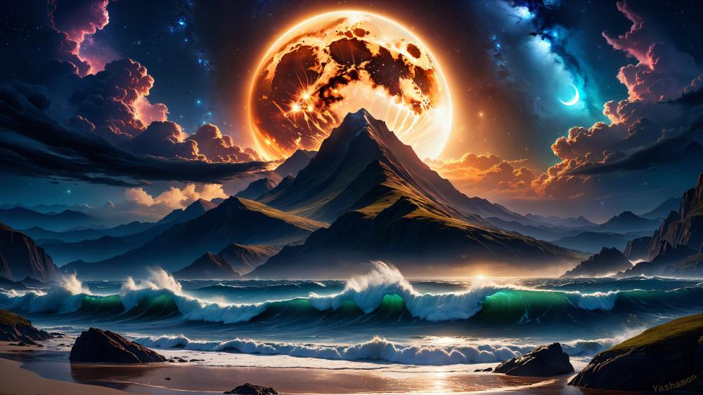 Cosmic Twilight Over Oceanic Peaks wallpaper