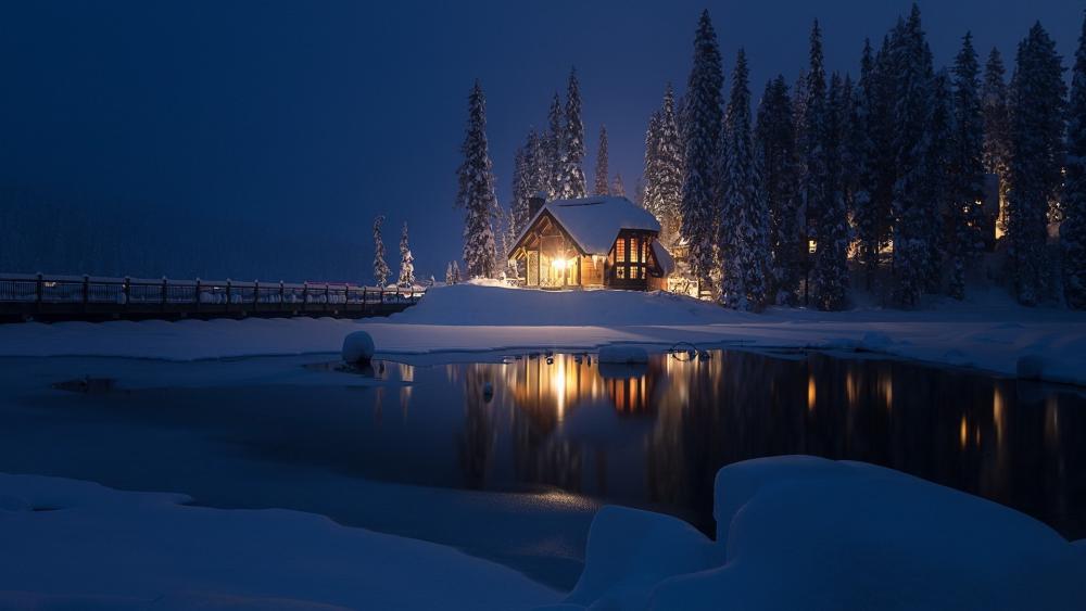 Winter Cabin Serenity by Moonlight wallpaper