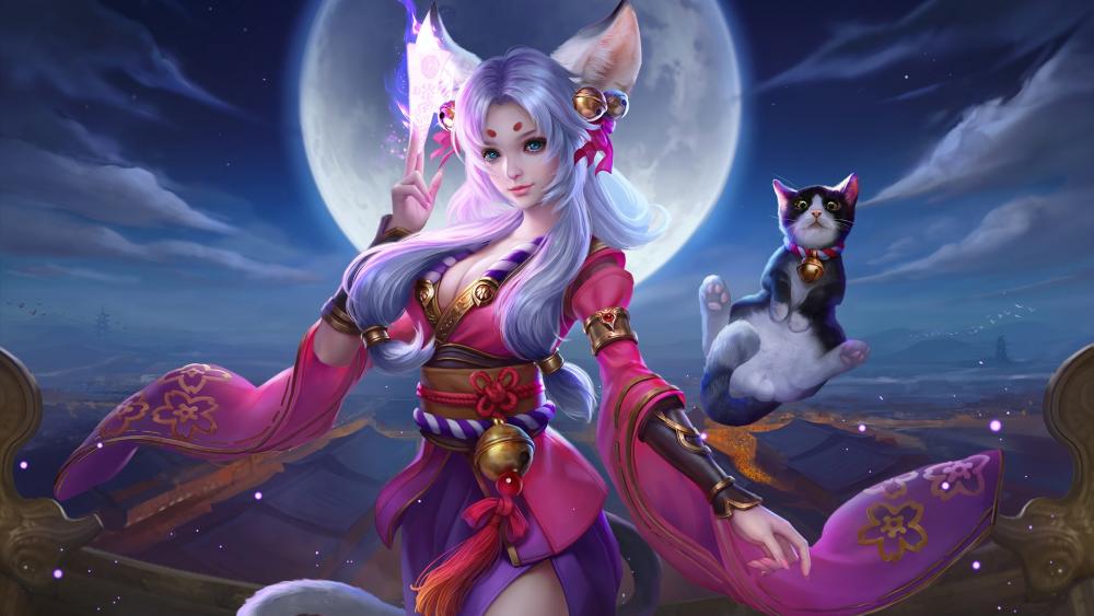 Mystical Moonlight Guardian and Her Feline Companion wallpaper