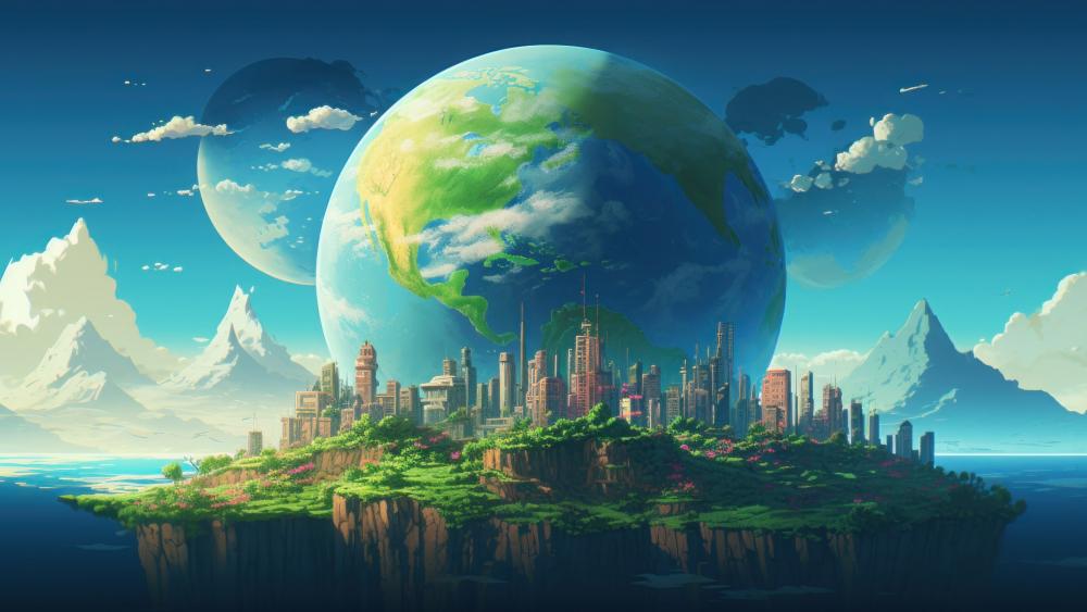 Futuristic Earth Floating on Nature's Bed wallpaper