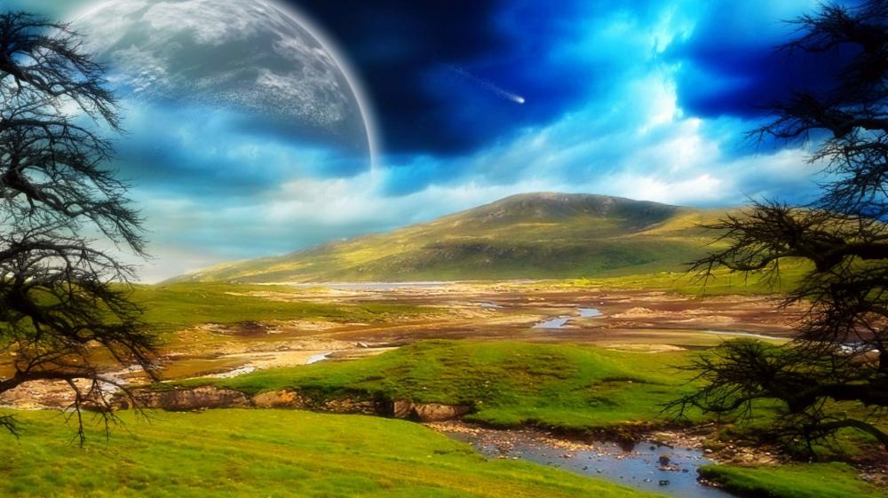 Mystical Landscape with Celestial Vista wallpaper